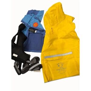 Old Navy Dog Raincoat Set XS‎ Blue & Yellow Reflective Stripes Hooded  Boots +